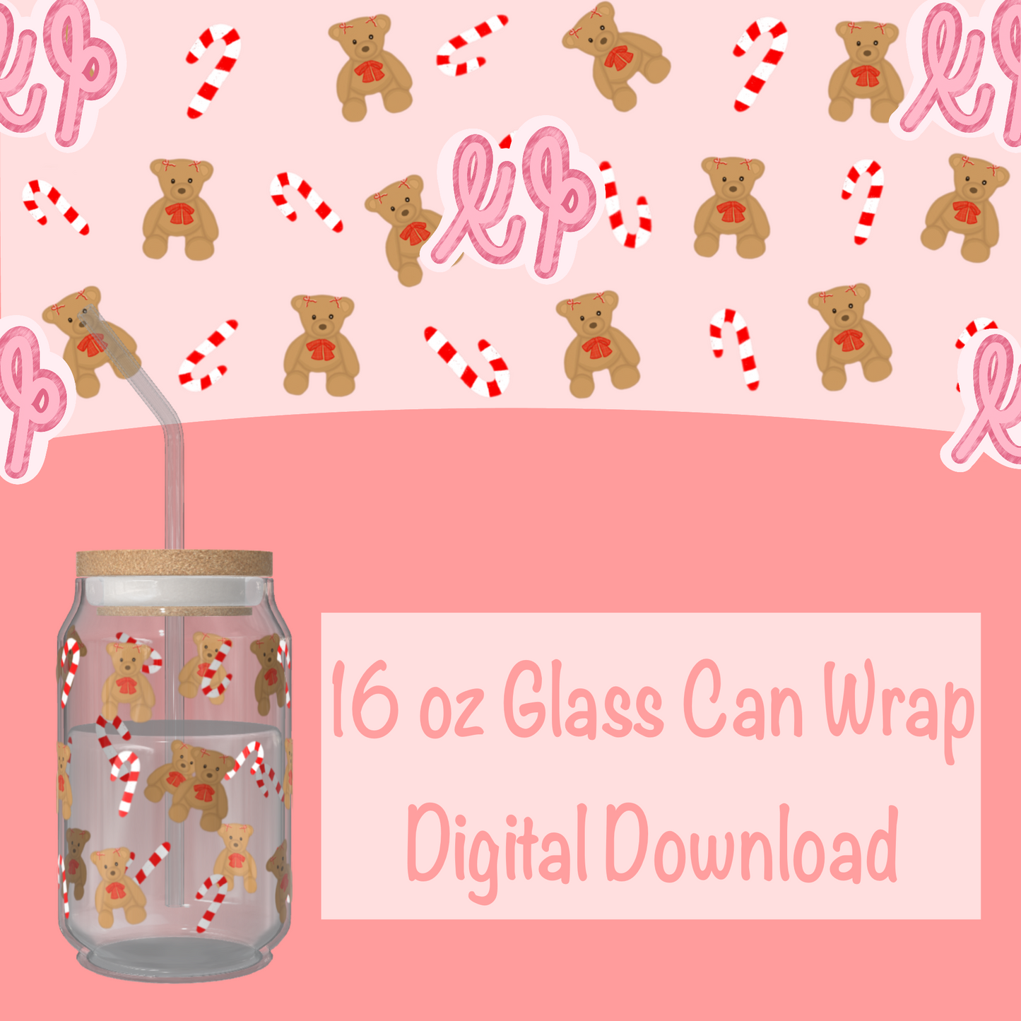 Bear & Candy Cane 16 oz Glass Can Wrap Digital Download